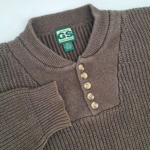 Gander Mountain GS Guide Series Mens 2XLT Brown Cotton Henley Sweater Button Up